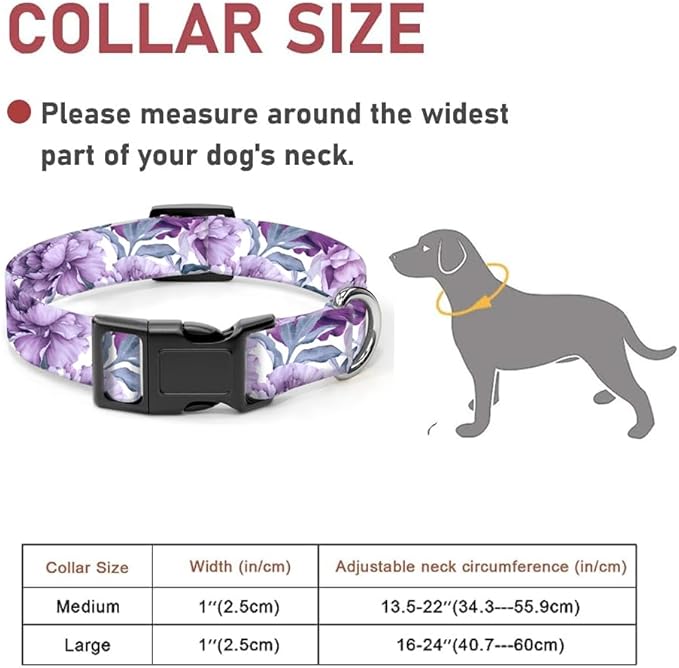 Dog Collar, Cute Dog Collar for Small Medium Large Dogs, Personalized Adjustable Soft Pet Collars with Quick Release Buckle for Walking Running, Cute Purple Floral