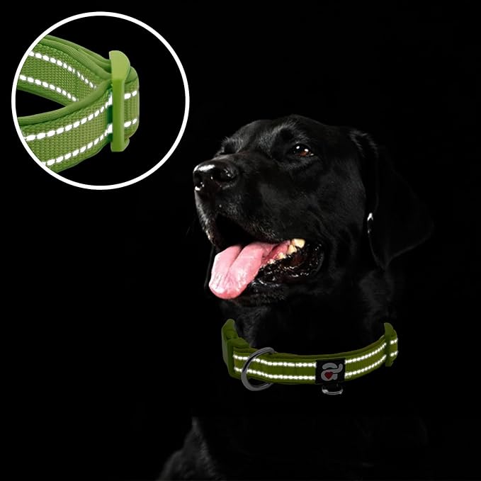 azuza Reflective Dog Collar, Soft Neoprene Padded Pet Collar with ID Tag Ring, Adjustable for Large Dogs,Army Green,L