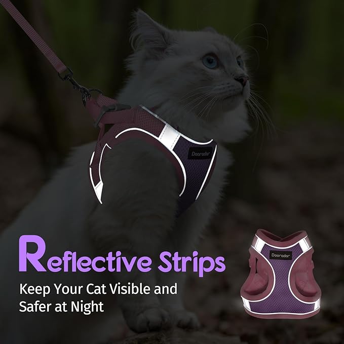 Dooradar Cat Harness and Leash Set, Escape Proof Lightweight Kitten Harness, Soft Breathable Reflective Vest for Outdoor Walking Traveling, Adjustable for Large Cats, Purple & Pink, L