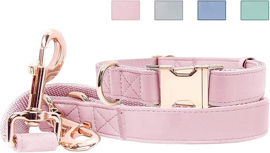 Soft Leather Dog Collar and Leash (6.6') Set - Stylish Rose Gold Heavy Duty Metal Buckle, 4 Adjustable Lengths Leash for Small Medium Large Dogs - Comfortable & Easy to Clean Pink XS(8"-12")