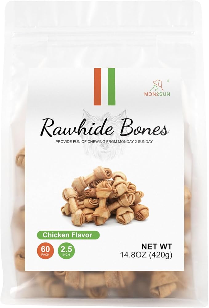 MON2SUN Dog Rawhide Knot Bones Small Rawhide Bones Mini Chews Chicken Flavour 2.5 Inch 60 Count for Puppy and Small Dogs