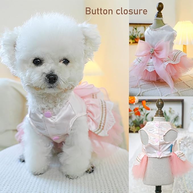 Pink Bow Tie Dog Dress for Small Dogs Girl Puppy Clothes with D-Ring Holiday Cat Harness Dresses Pet Party Outfit for Wedding Birthday Engagement Valentines (Pink Bow, Medium)
