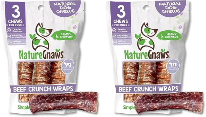 Nature Gnaws Beef Trachea Crunch Wraps for Dogs (3 Count) - Long Lasting Natural Beef Jerky Dog Chew Bones - Rawhide Free (Pack of 2)