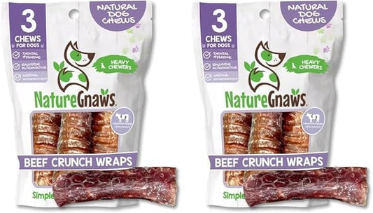 Nature Gnaws Beef Trachea Crunch Wraps for Dogs (3 Count) - Long Lasting Natural Beef Jerky Dog Chew Bones - Rawhide Free (Pack of 2)