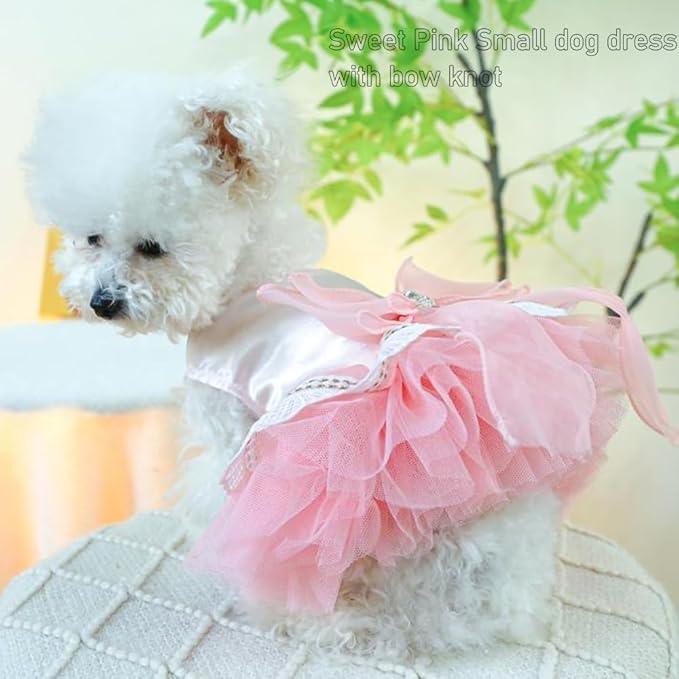 Pink Bow Tie Dog Dress for Small Dogs Girl Puppy Clothes with D-Ring Holiday Cat Harness Dresses Pet Party Outfit for Wedding Birthday Engagement Valentines (Pink Bow, X-Large)