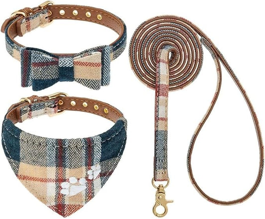EXPAWLORER Dog Collar and Leash Set - Embroidery Pawprints Plaid With Bow Tie and Bandana, Adorable for Dogs Cats Outdoor Walking, Khaki M