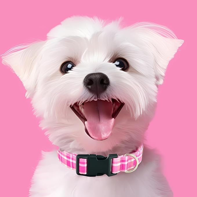 Tunkoo Pink Plaid Dog Collar, Cute Adjustable Premium Cotton Collar Durable Plastic Buckle for Small Medium Large Boys Girls Dogs, S