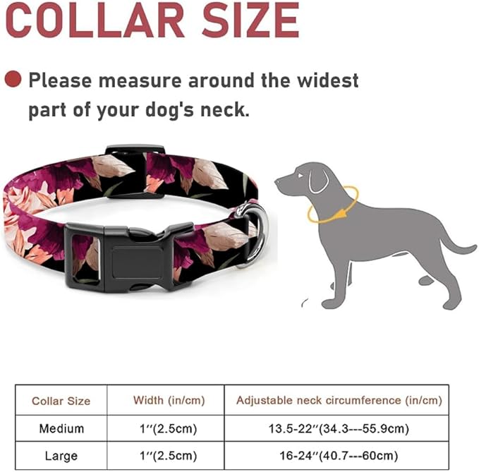 Dog Collar, Cute Dog Collar for Small Medium Large Dogs, Personalized Adjustable Soft Pet Collars with Quick Release Buckle for Walking Running, Black Red Floral