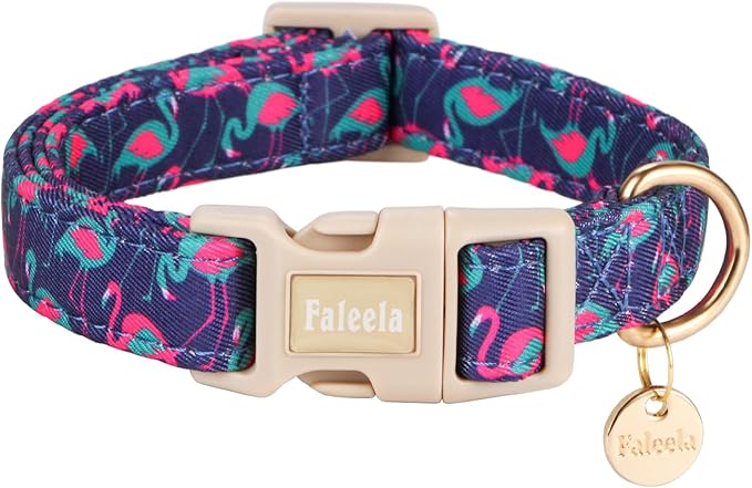 Faleela Dog Collar - Cute & Comfy Cotton Pet Collar, Adjustable Lightweight Design with Quick-Release Buckle, for Small, Medium & Large Dogs - Multiple Styles Available (Flamingo, Small)