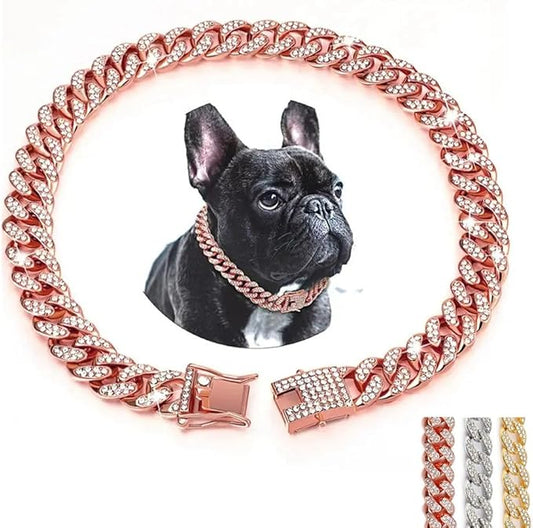 Rose Gold Cuban Link Dog Collar, Rhinestone Dog Necklace Glitter Crystal Sparkly Diamond Metal Bling Girl Puppy Chain Collars for Small Medium Large Pet Female Dogs Cats, Pink 10 inch