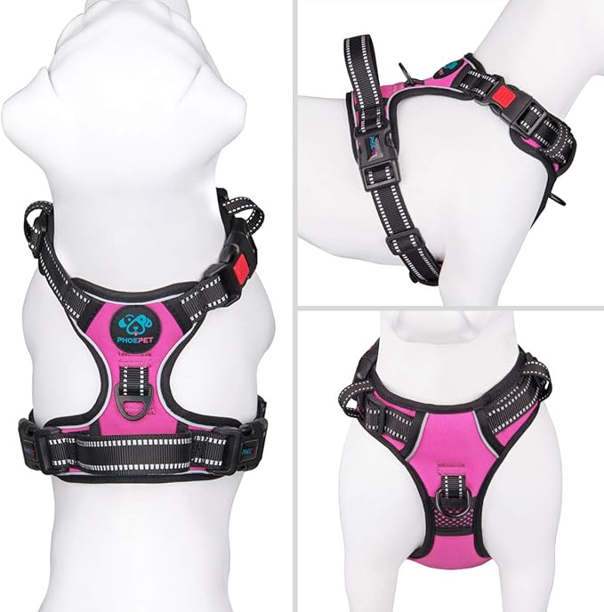 PHOEPET No Pull Dog Harnesses for Small Dogs Reflective Adjustable Front Clip Vest with Handle 2 Metal Rings 3 Buckles [Easy to Put on & Take Off](XS, Pink)