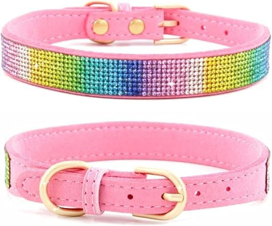 Rhinestone Dog Collar, Cute Dazzling Sparkling Soft Suede Leather Dog Cat Rhinestone Collar Crystal Diamond Pet Dog Puppy Collar (S, Pink-3)