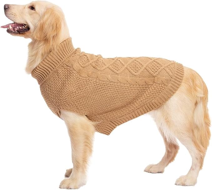 Mihachi Turtleneck Dog Sweater - Winter Coat Apparel Classic Cable Knit Clothes with Leash Hole for Cold Weather, Ideal Gift for Pet in New Year Khaki