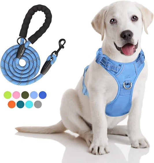 PoyPet No Pull Dog Harness and 5 Feet Leash Set, Release on Neck Reflective Adjustable Pet Vest, Front & Back 2 D-Ring and Soft Padded Pet Harness with Handle for Small to Large Dogs(Light Blue,M)