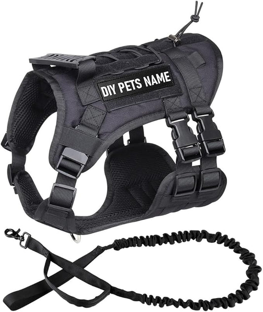 DIY Dog's Name Custom Dog Harness Leash Set, Personalized No Pull Dog Vest, Tactical Military Dog Harness & Retractable Leash, Outdoor Training Gear for Medium & Large Dogs (Black, L)