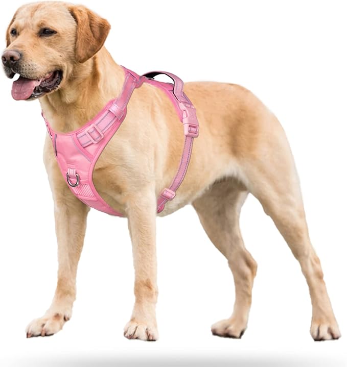 PoyPet No Pull Dog Harness, No Choke Reflective Dog Vest, Adjustable Pet Harnesses with Easy Control Padded Handle for Small Medium Large Dogs(Light Pink Matching Trim,XL)