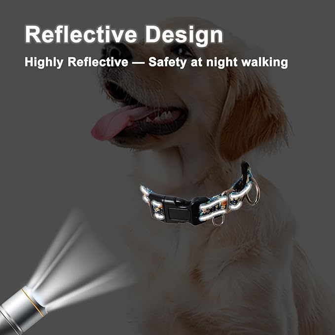 Reflective Martingale Dog Collar with Buckle Soft Nylon Floral No Slip Dog Collars for Puppy Dogs (Black Orange Flowers, XS)