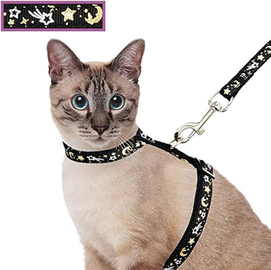 Cat Harness and Leash Set for Outdoor Walking Escape Proof Adjustable Soft Safety Strap with Golden Star and Moon Design Glow in The Dark Black