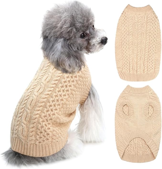 Fleece Beige Dog Sweater - Knitwear Warm Pet Clothes Classic Cable Knit Dog Sweater Cat Apparel Puppy Outfits for Small Medium Dogs Cats Boy Girl Pet (Medium)