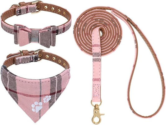 EXPAWLORER Dog Collar and Leash Set - Embroidery Pawprints Plaid Dog Collar and Dog Leash Set, Bow Tie and Bandana Dog Collar, Adorable Collar and Leash for Dogs Cats Outdoor Walking, Pink M