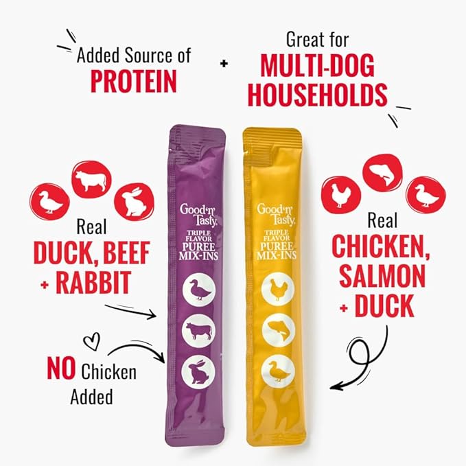 Good 'n' Tasty Triple Flavor Puree Mix-Ins Variety Pack Dog Food Topper Treats for All Dogs, 84 Count, Easy Single-Serve Portions, Added Protein with Chicken, Salmon, Duck, Beef and Rabbit