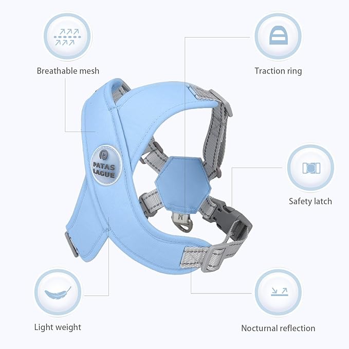 Patas Lague Dog Harness with Leash Set Adjustable Soft Padded Step-in Dog Vest No Choke No Pull Reflective for Medium Pets with Poop Bags and Dispenser, Solid and No-chew, Blue L