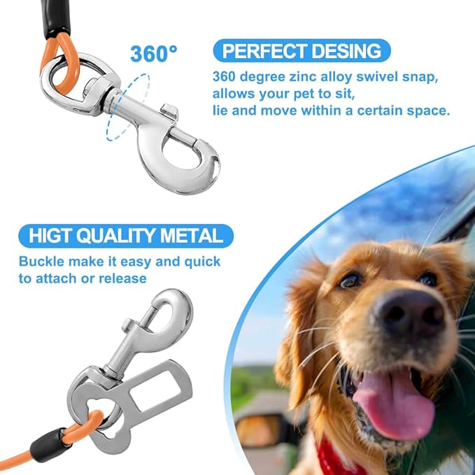 Dog Seat Belt Harness for Car,2pcs Dog Seatbelt of Coated Wire Leash Safety Restraint,No Chew Tether Cable Vehicle Dogs Accessories,Double Clips & Latch (Orange, 16 inch/40 CM)