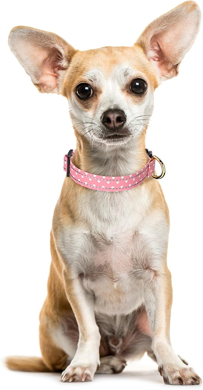 Reflective Dog Collar for Extra Small Dogs, Cute Adjustable Heavy-Duty Nylon Puppy Collars for Boy and Girl Female, Soft Pet Accessories with Quick Release Buckle, Neck 8-12", Pink Hearts