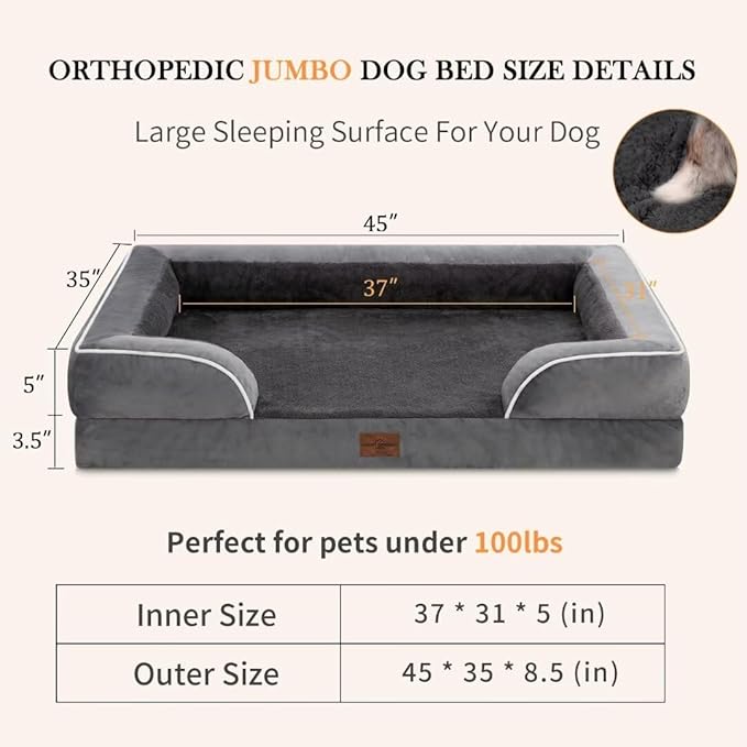 Comfort Expression Dog Beds for Extra Large Dogs, Waterproof Orthopedic Dog Bed Jumbo Breed, PV Washable Dogs Sofa with Removable Cover & Non-Slip Bottom(Dark Grey)