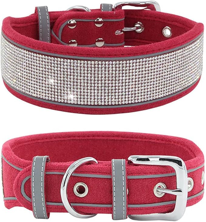 Bling Rhinestone Dog Collar Soft Comfortable Stylish Dog Collar with Bright Reflective Stripe Premium Adjustable Diamond Crystal Pet Collar for Small Medium and Large Dogs (M, Red)