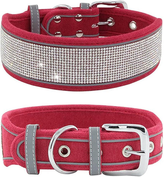 Bling Rhinestone Dog Collar Soft Comfortable Stylish Dog Collar with Bright Reflective Stripe Premium Adjustable Diamond Crystal Pet Collar for Small Medium and Large Dogs (M, Red)