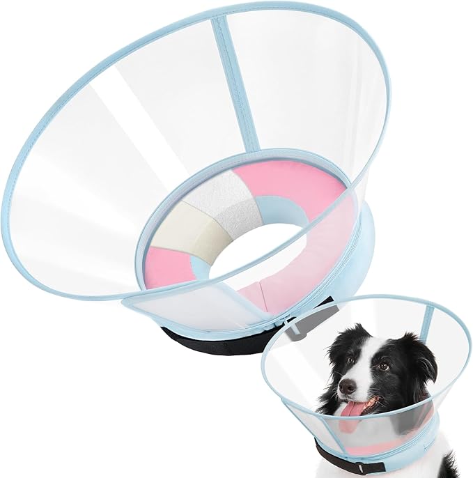 Sponge Core Dog Cone, Inflatable Dog Cone Collar Alternative, Dogs Donut Collar After Surgery, Soft Cone for Large Medium Small Dogs to Stop Licking, No Inflation Required, Clear View(Size 1, Pink)
