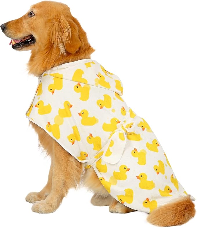 HDE Dog Bathrobe Super Absorbent Quick Drying Towel with Hood for All Dog Breeds Sizes S-XXL - White Rubber Ducks - L