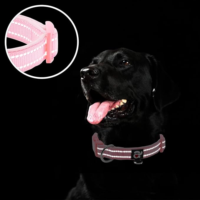 azuza Reflective Dog Collar,Soft Neoprene Padded Pet Collar with ID Tag Ring,Adjustable for Medium Dogs,Pink,M