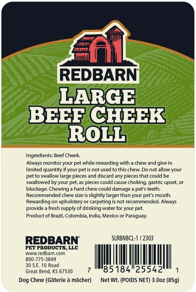 Redbarn Pet Products All-Natural Large Beef Cheek Rolls for Dogs, Uncoated - Single Ingredient Grain-Free Chew Naturally Rich in Collagen - No Artificial Preservatives - Case of 12 Rolls
