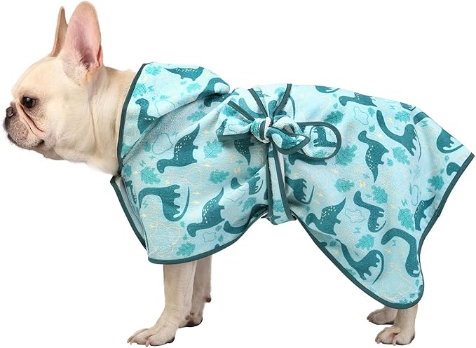 HDE Dog Bathrobe Super Absorbent Quick Drying Towel with Hood for All Dog Breeds Sizes S-XXL - Dinosaurs - S