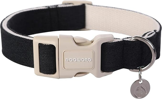 DOGWONG Cotton Hemp Dog Collar, Heavy-Duty Black Dog Collar Adjustable Soft Natural Fabric Pet Cute Wedding Puppy Necklace for Small Medium Large Dogs