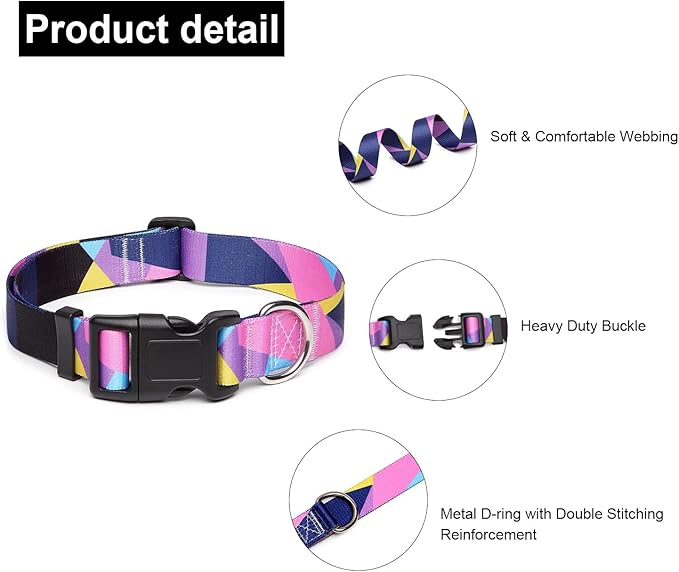 Adjustable Dog Collar with Patterns, Ultra Comfy Soft Nylon Breathable Pet Collar for Small Medium Large Dogs (S, Purple Geometry)