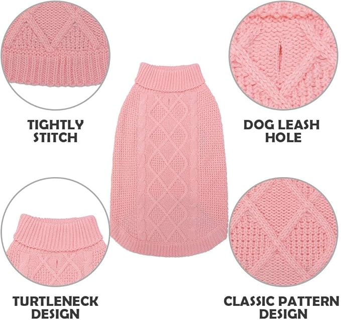 Mihachi Turtleneck Dog Sweater - Winter Coat Apparel Classic Cable Knit Clothes with Leash Hole for Cold Weather, Ideal Gift for Pet in New Year Medium