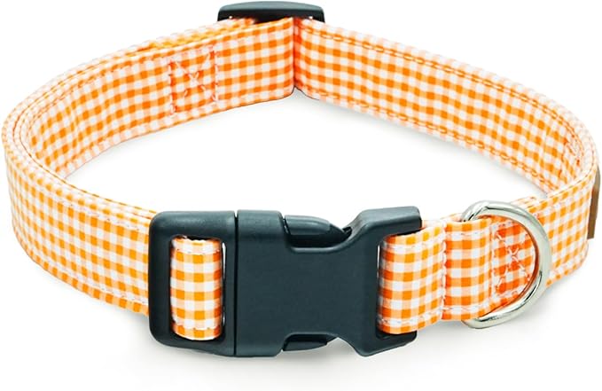 Tunkoo Orange Plaid Dog Collar Premium Cotton - Adjustable Collar with Strong Plastic Bucle Gifts for Small Medium Large Girl Boy Dogs, L