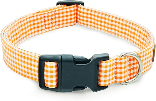 Tunkoo Orange Plaid Dog Collar Premium Cotton - Adjustable Collar with Strong Plastic Bucle Gifts for Small Medium Large Girl Boy Dogs, S