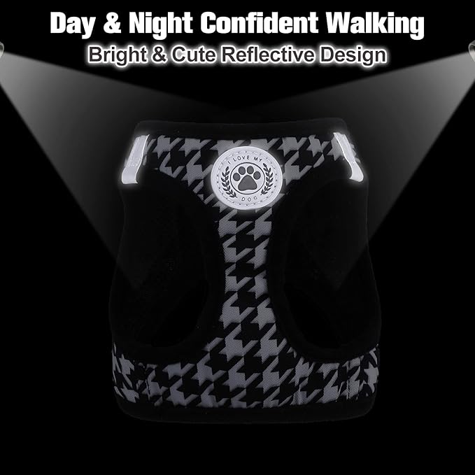 BEAUTYZOO Small Dog Harness and Leash Set,Step in No Choke No Pull Soft Mesh Dog Harnesses Reflective for Extra-Small Medium Puppy Dogs and Cats, Plaid Dog Vest Harness for XS S Pets, Black S