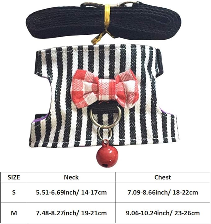 Litewoo Hamster Vest Harness and Leash Set Outdoor Walking Cute Bow-knot and Clear Bell Decor Chest Strap Harness for Rabbit Guinea Pig Chinchilla Ferret Squirrel Marten Kitten (MEDIUM,Black Stripe)