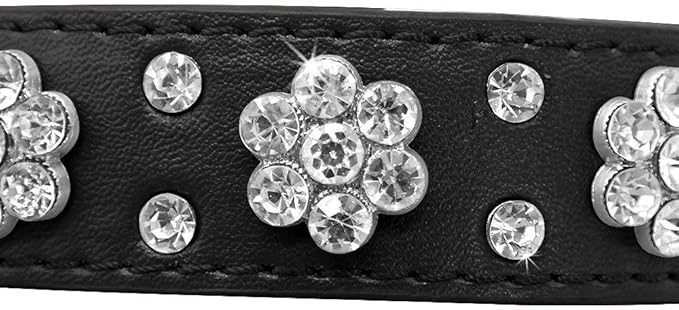 Cute Flower Rhinestone Dog Collar, Bling Collar PU Leather Adjustable Sizes Small Medium Large (Black, L)