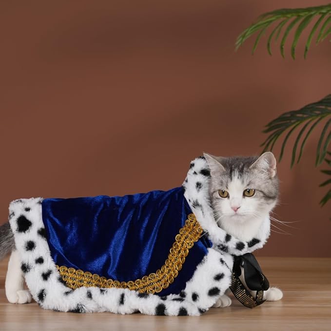 Lovelyshop pet Serial Lux Fur Blue Cat Dog Cloak for Halloween Costumes, King Queen Prince and Princess Cosplay-S