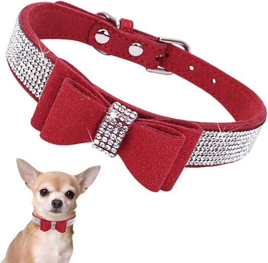 Red Rhinestone Dog Collar with Bow Tie, Cute Bowtie Christmas Dog Collar Knot Crystal Bling Diamond Glitter Girls Puppy Collars for XXS XS Small Medium Large Pet Female Dogs Cats Holiday Party