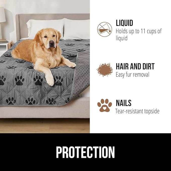GORILLA GRIP Waterproof Dog Bed Cover 68x82, Pet Blanket for Furniture, Sofa, Couch, Crate, Car, Sofa Throw Essential for Cats and Dogs, Tear and Slip Resistant Leakproof Cushion Cover, Gray Black Paw