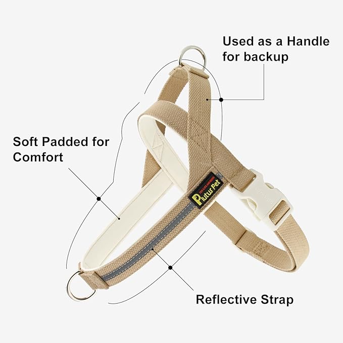 Plutus Pet Cotton Dog Harness and Leash Set, Reflective and Soft Padded, Quick Fit Vest Harness, for Small, Medium and Large Dogs, Beige, S