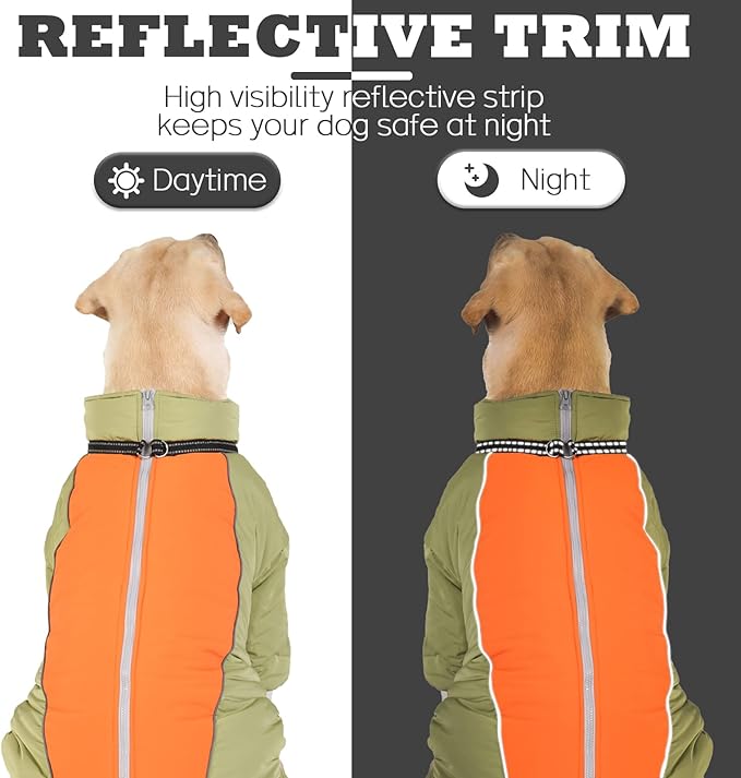Toasty Warm 4-Legged Dog Snowsuit with Leash Ring, Reflective Zip Up Dog Winter Coat, Windproof Fleece Lining Dog Jumpsuit Jacket, LightGreen,12
