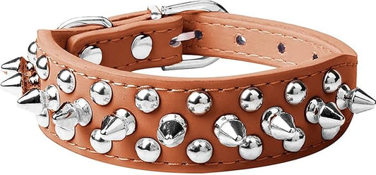 Spiked Dog Collar Soft Pu Leather Mushrooms Rivet Spike Studded Puppy Adjustable Pet Collars for Small Breeds (L, Brown)